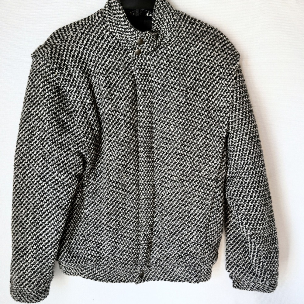 Vtg 80s Hunt Club Mens Tweed Wool Bomber Jacket Sz Small Black White‎ Preppy USA
